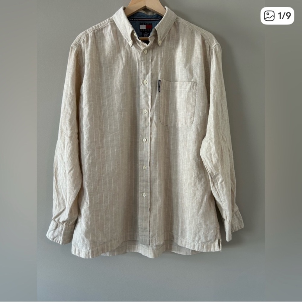 Vintage Tommy Jeans Men's linen cotton blend Cream white striped button up